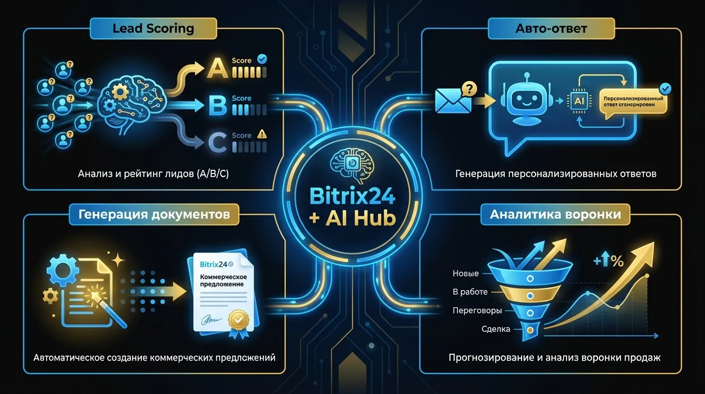 4 сценария интеграции Bitrix24 и AI: Lead Scoring, авто-ответ, генерация документов, аналитика воронки