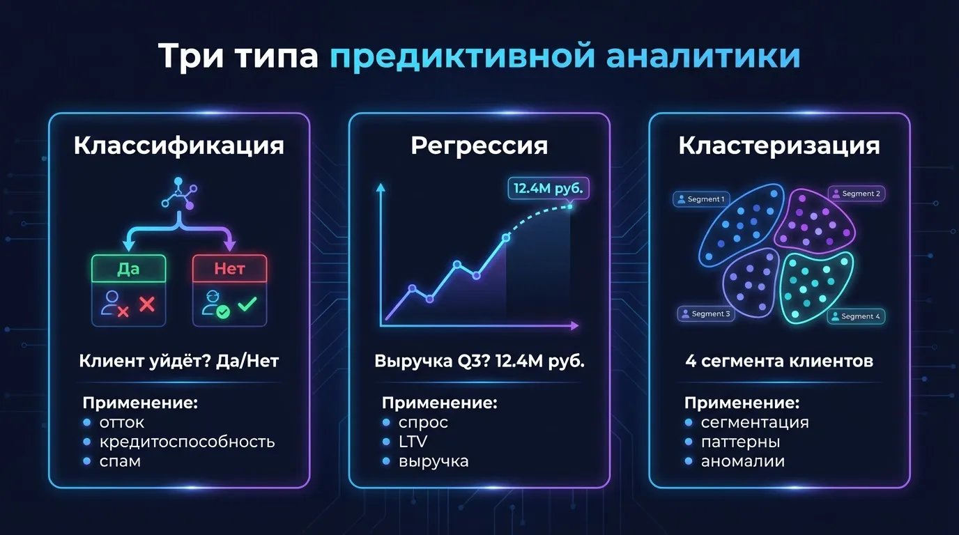 Три типа предиктивной аналитики: классификация, регрессия, кластеризация